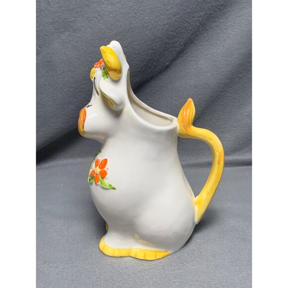 Vintage Bossie Cow-Shaped Ceramic Pitcher with Floral Accents & Handle Lefton - Picture 6 of 14